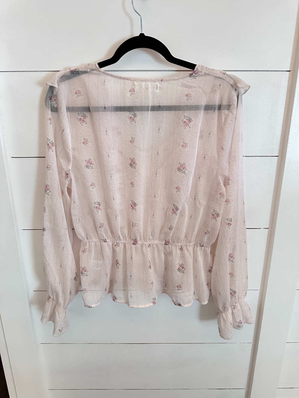 TRIXXI L Greta Pale Pink ditzy floral ruffled chest & sleeve sheer button blouse - Picture 3 of 14
